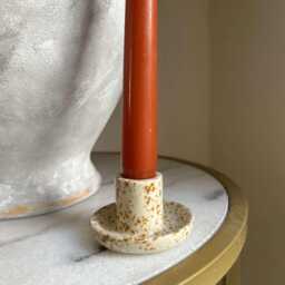 Glazed Ceramic Taper Candle Holder Neutral Rust Print, Wooden, Gold Metal - thumbnail 2