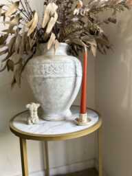 Glazed Ceramic Taper Candle Holder Neutral Rust Print, Wooden, Gold Metal