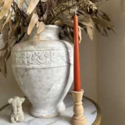 Glazed Ceramic Taper Candle Holder Neutral Rust Print, Wooden, Gold Metal - thumbnail 3