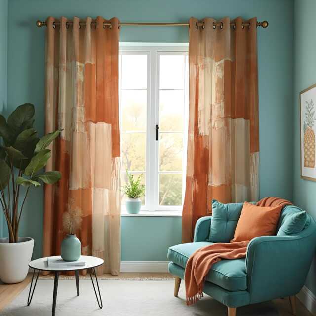 Orange Abstract Curtains, Modern Brushstroke Pattern Drapes, Contemporary Window Panel, Living Room Accent, Made To Measure - image 1