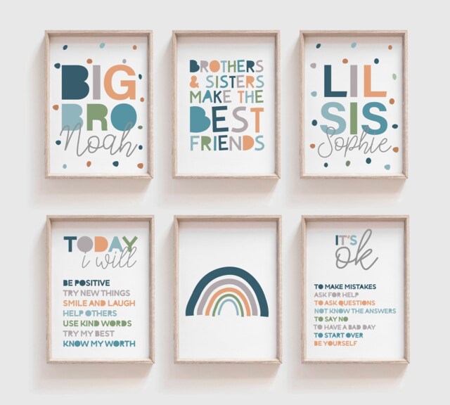 6 Brother Sister Prints, Affirmation, Kids Wall Art, Rainbow, Sisters Make Best Friends, Playroom, Shared Bedroom, Boys Bedroom