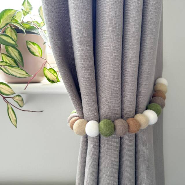 Green Woodland Felt Ball Curtain Tie Backs - Pom Hold Custom Ties Nursery Decor Baby Gift Colourful Pull - image 1