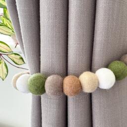 Green Woodland Felt Ball Curtain Tie Backs - Pom Hold Custom Ties Nursery Decor Baby Gift Colourful Pull - thumbnail 2