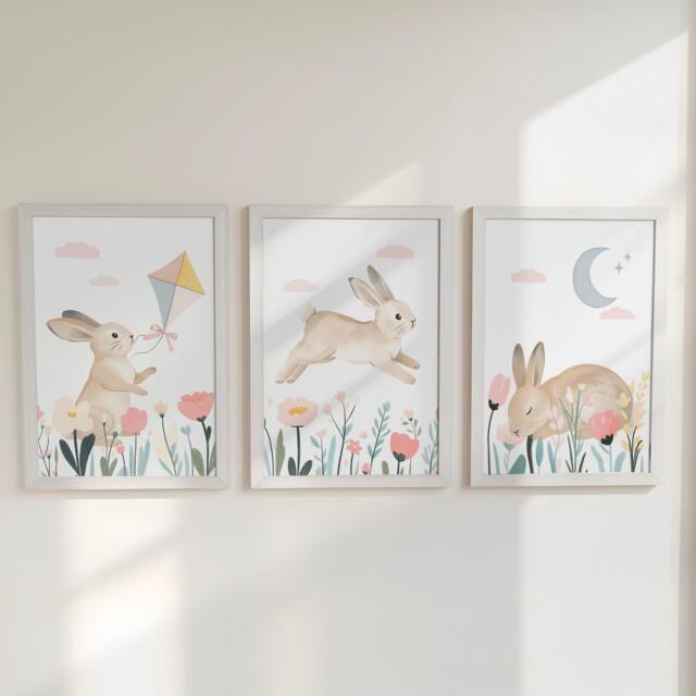 Bunny Nursery Set Of 3 Prints - Woodland Rabbit Wall Art With Flowers Baby Girl Room Decor in Pastel Colours Optional Frames - image 1