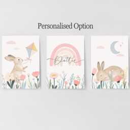 Bunny Nursery Set Of 3 Prints - Woodland Rabbit Wall Art With Flowers Baby Girl Room Decor in Pastel Colours Optional Frames - thumbnail 2