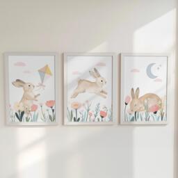 Bunny Nursery Set Of 3 Prints - Woodland Rabbit Wall Art With Flowers Baby Girl Room Decor in Pastel Colours Optional Frames - thumbnail 1