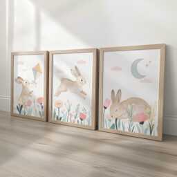 Bunny Nursery Set Of 3 Prints - Woodland Rabbit Wall Art With Flowers Baby Girl Room Decor in Pastel Colours Optional Frames - thumbnail 3