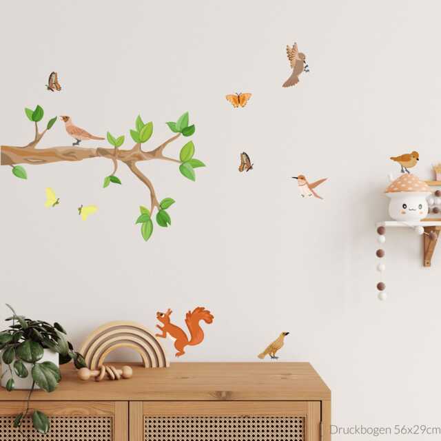 Branch Birds Wall Decal Squirrel - Length 57 Or 90 cm Natural Decor For Children's Room Tree Nursery Set Hand-Drawn, Made in Germany - image 1