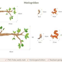 Branch Birds Wall Decal Squirrel - Length 57 Or 90 cm Natural Decor For Children's Room Tree Nursery Set Hand-Drawn, Made in Germany - thumbnail 3