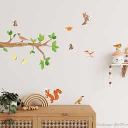 Branch Birds Wall Decal Squirrel - Length 57 Or 90 cm Natural Decor For Children's Room Tree Nursery Set Hand-Drawn, Made in Germany