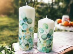 Set Of 2 Eucalyptus Tall Pillar Candles, Themed Candle Gift Set, Wedding Home Decorations - thumbnail 1