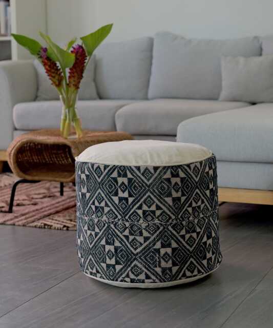 Vintage Hill Tribe Woven Ottoman Pouf Geometric Indigo Cotton Textile - image 1
