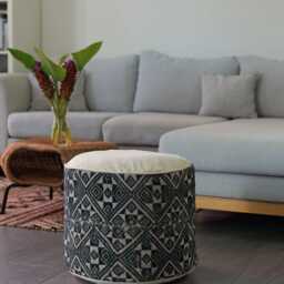 Vintage Hill Tribe Woven Ottoman Pouf Geometric Indigo Cotton Textile - thumbnail 2