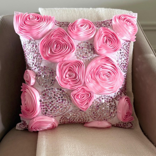 Pink Art Silk Sequins & Ribbon Embroidered Rose Decorative Throw Pillow Cover, 16x16 Modern Cushion Floral Pillowcase - Sweet Kisses - image 1