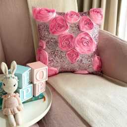 Pink Art Silk Sequins & Ribbon Embroidered Rose Decorative Throw Pillow Cover, 16x16 Modern Cushion Floral Pillowcase - Sweet Kisses - thumbnail 2