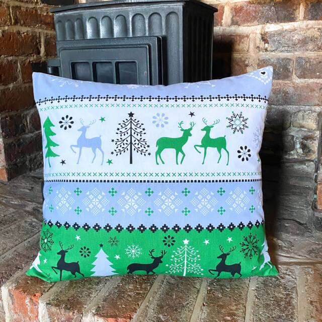 663. Christmas Tree Reindeer Green 100% Cotton Cushion Cover. Various Sizes