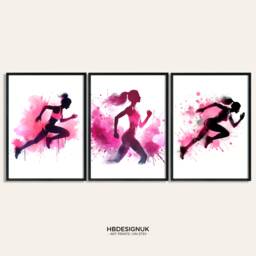 Pink Running Print Poster Set - Of 3 Runner Posters - Athletics Art Painting Decoration Decor Wall Gifts Gift - thumbnail 1