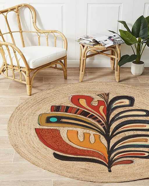 Handmade Jute Round Rug Colorful Abstract Leaf Design, Boho Carpet - image 1