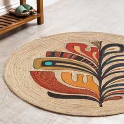 Handmade Jute Round Rug Colorful Abstract Leaf Design, Boho Carpet - thumbnail 2
