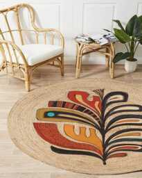Handmade Jute Round Rug Colorful Abstract Leaf Design, Boho Carpet - thumbnail 1