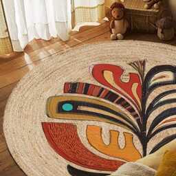 Handmade Jute Round Rug Colorful Abstract Leaf Design, Boho Carpet - thumbnail 3