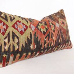 "Kilim Pillow, Wool Kilim Cousin From Anatolia, 30x60 cm, 12""x24" - thumbnail 2