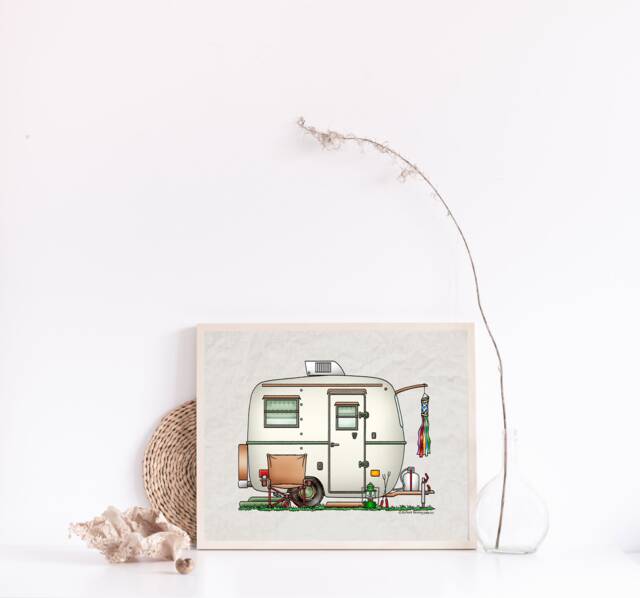 Fiberglass Egg Travel Trailer - Camper Van Vanlife Happy Art Print Whimsical Wall Decor Glamping - image 1