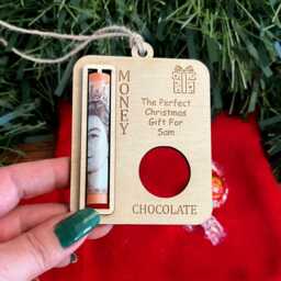 Personalised Christmas Money Holder Ornament Wooden Bauble Gift, Chocolate & Cash - thumbnail 2