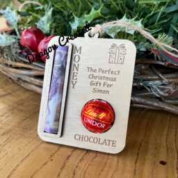 Personalised Christmas Money Holder Ornament Wooden Bauble Gift, Chocolate & Cash - thumbnail 1
