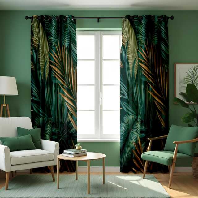 Dark Tropical Curtains With Green Leaves, Custom Jungle Print Drapes, Botanical Window Panels For Living Room Or Bedroom - image 1