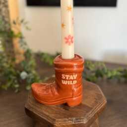 Brown Cowboy Boot Candle Holder With Taper Candle, Free UK Postage - thumbnail 1