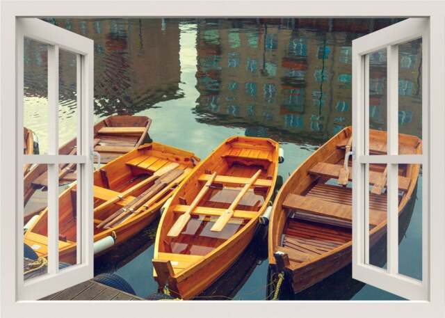 Wooden Boat On A River Wall Decal, Sticker, 3D Window View Nature Mural, Frame, Living Room Home Decor