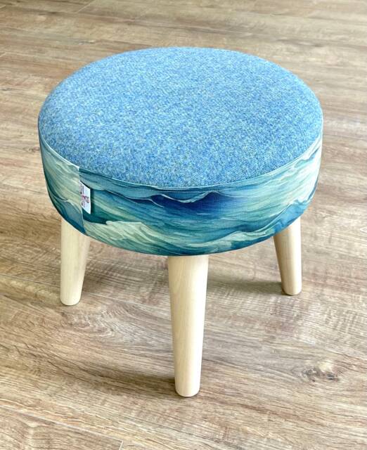 Linen Stormy Sea Footstool With Light Blue Harris Tweed - image 1
