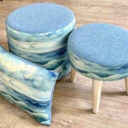Linen Stormy Sea Footstool With Light Blue Harris Tweed - thumbnail 4