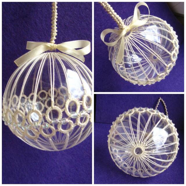 Christmas Ball Tatting Lace Ornament White-Off Ecru Cream Thread Tatted - image 1