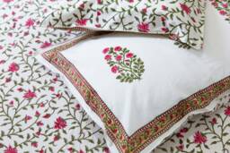 Cottage Roses - Jaipuri Hand Block Printed Cotton Bed Cover With Two Pillow Cases, Flat Sheet, King Size, Floral, Ethically Made, Handcrafted - thumbnail 1