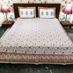 Cottage Roses - Jaipuri Hand Block Printed Cotton Bed Cover With Two Pillow Cases, Flat Sheet, King Size, Floral, Ethically Made, Handcrafted - thumbnail 3
