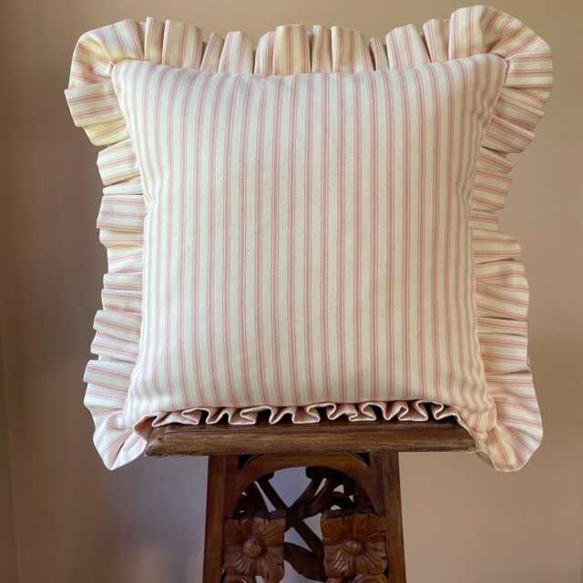 Pink Ticking Stripe Cushion Cover With Ruffled Edge, Handmade Decorative Throw Pillow 50cm, Farmhouse Decor - image 1
