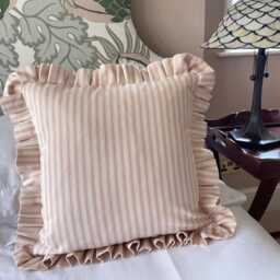 Pink Ticking Stripe Cushion Cover With Ruffled Edge, Handmade Decorative Throw Pillow 50cm, Farmhouse Decor - thumbnail 3