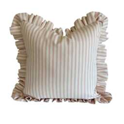 Pink Ticking Stripe Cushion Cover With Ruffled Edge, Handmade Decorative Throw Pillow 50cm, Farmhouse Decor - thumbnail 2
