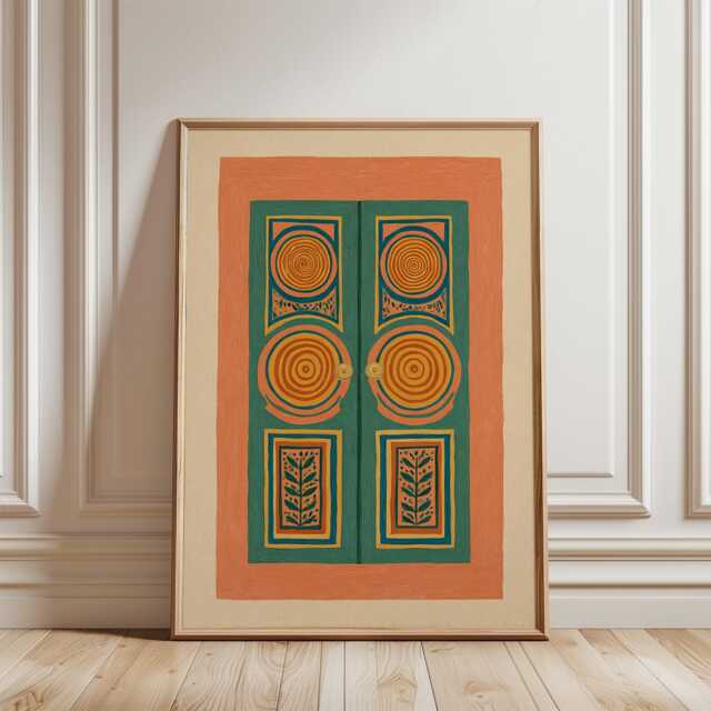 Painted Double Door Poster - Green Orange Folk Art Geometric Decorative Wall Print - image 1