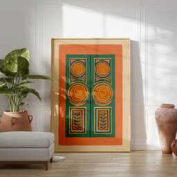 Painted Double Door Poster - Green Orange Folk Art Geometric Decorative Wall Print - thumbnail 3