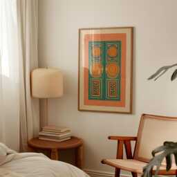 Painted Double Door Poster - Green Orange Folk Art Geometric Decorative Wall Print - thumbnail 2