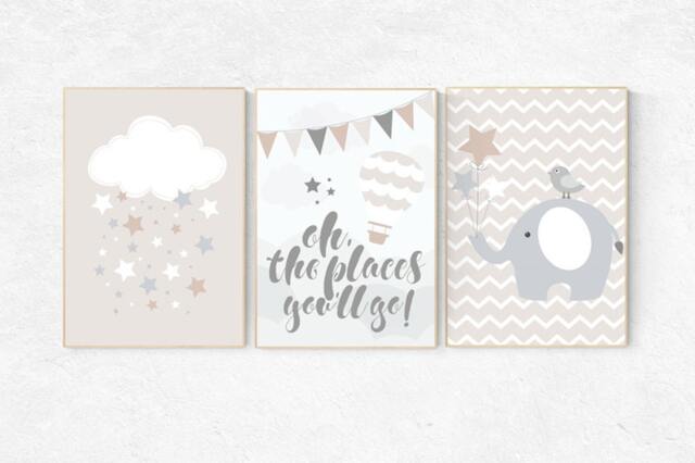 Elephant Nursery Art Print Beige & Gray Gender Neutral Decor - image 1