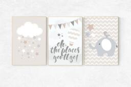 Elephant Nursery Art Print Beige & Gray Gender Neutral Decor - thumbnail 1