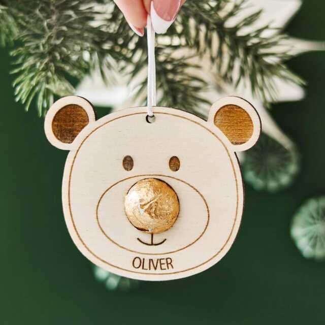 Personalized Bear Christmas Ornament - Chocolate Noses, Wooden Decoration - image 1