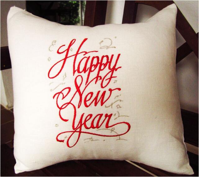 Embroidered Throw Accent Pillow Cover 100% Linen - Happy New Year Holiday Decor Gift Winter Home - image 1