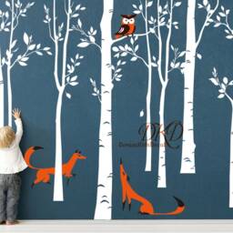 Birch Tree Wall Decal Set, Woodland Nursery Decor, Owl Fox Vinyl Stickers - thumbnail 3