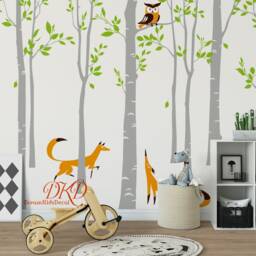 Birch Tree Wall Decal Set, Woodland Nursery Decor, Owl Fox Vinyl Stickers - thumbnail 2