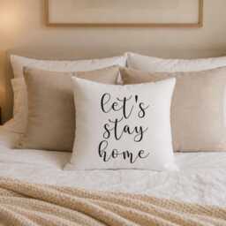 Let's Stay Home Throw Pillow, Farmhouse Cushion, Cozy Living Room Decor, Handmade Cotton Housewarming Gift, Sofa Cushion - thumbnail 3